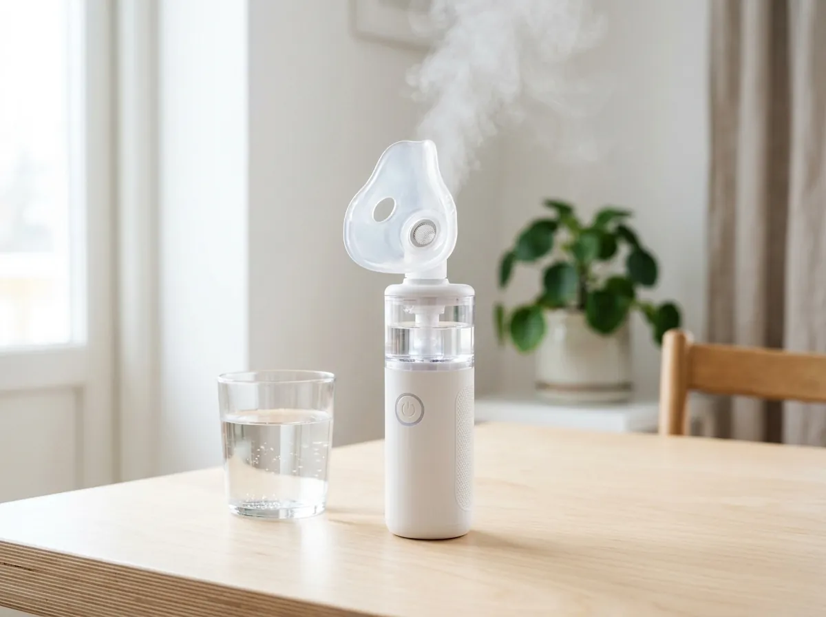 Nebu Ease handheld portable ultrasonic mesh nebulizer unit emitting cool micro mist