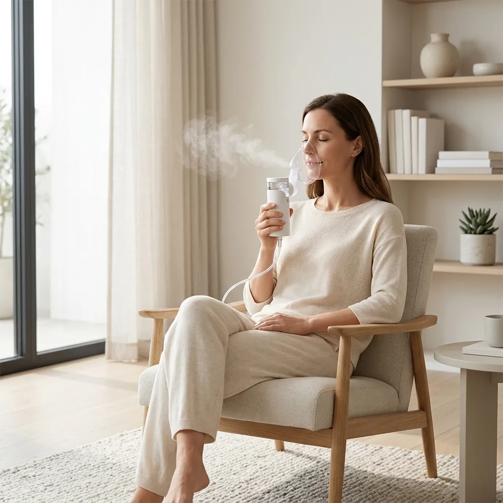Relaxed adult breathing comfortably using Nebu Ease mesh nebulizer in a peaceful living room