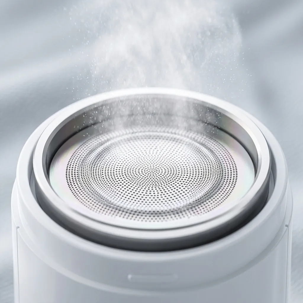 Close-up macro shot of vibrating ultrasonic micro mesh plate producing fine aerosol vapor