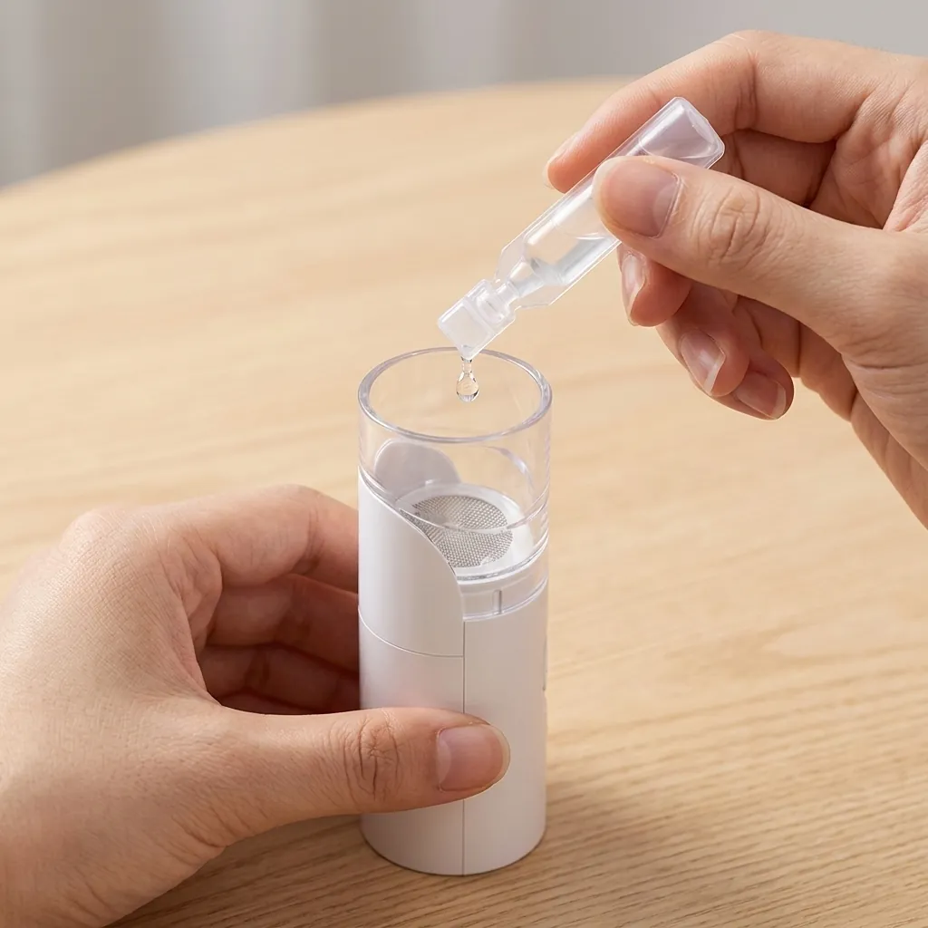 Filling the top transparent medicine reservoir cup with liquid solution