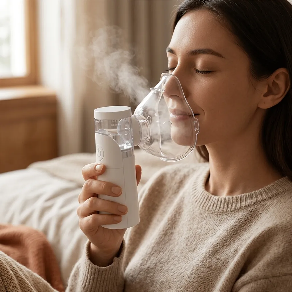 Person inhaling soothing cool micro-mist calmly with eyes closed