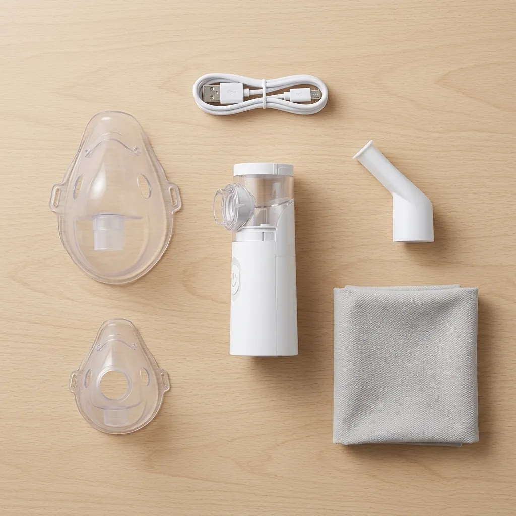 Flat lay of the complete Nebu Ease kit including nebulizer, adult mask, child mask, mouthpiece, USB cable, and pouch